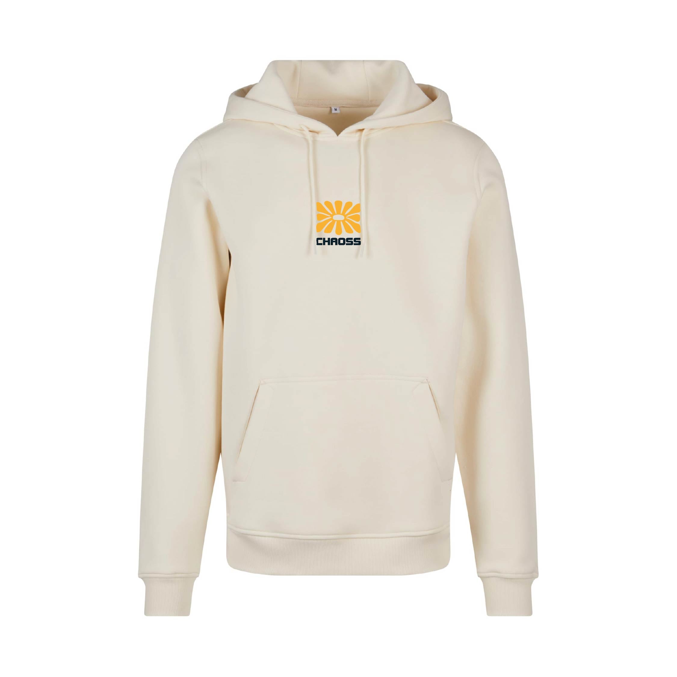 Sandfarbener Hoodie Original Flower von Chaoss, Frontansicht mit kleinem Blumen-Print