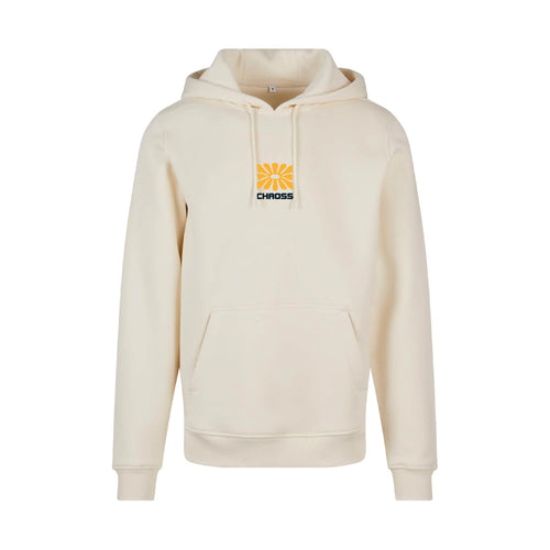 Sandfarbener Hoodie Original Flower von Chaoss, Frontansicht mit kleinem Blumen-Print