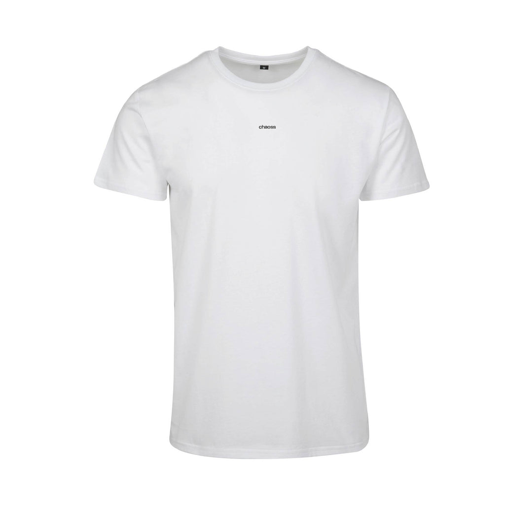 Weißes T-Shirt Crafting, Frontansicht kleinem Chaoss Schriftzug