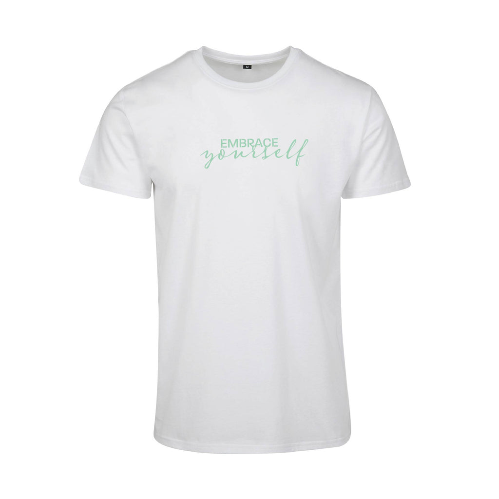 Weißes T-Shirt Embrace Yourself von Chaoss, Frontansicht mit Statement-Print