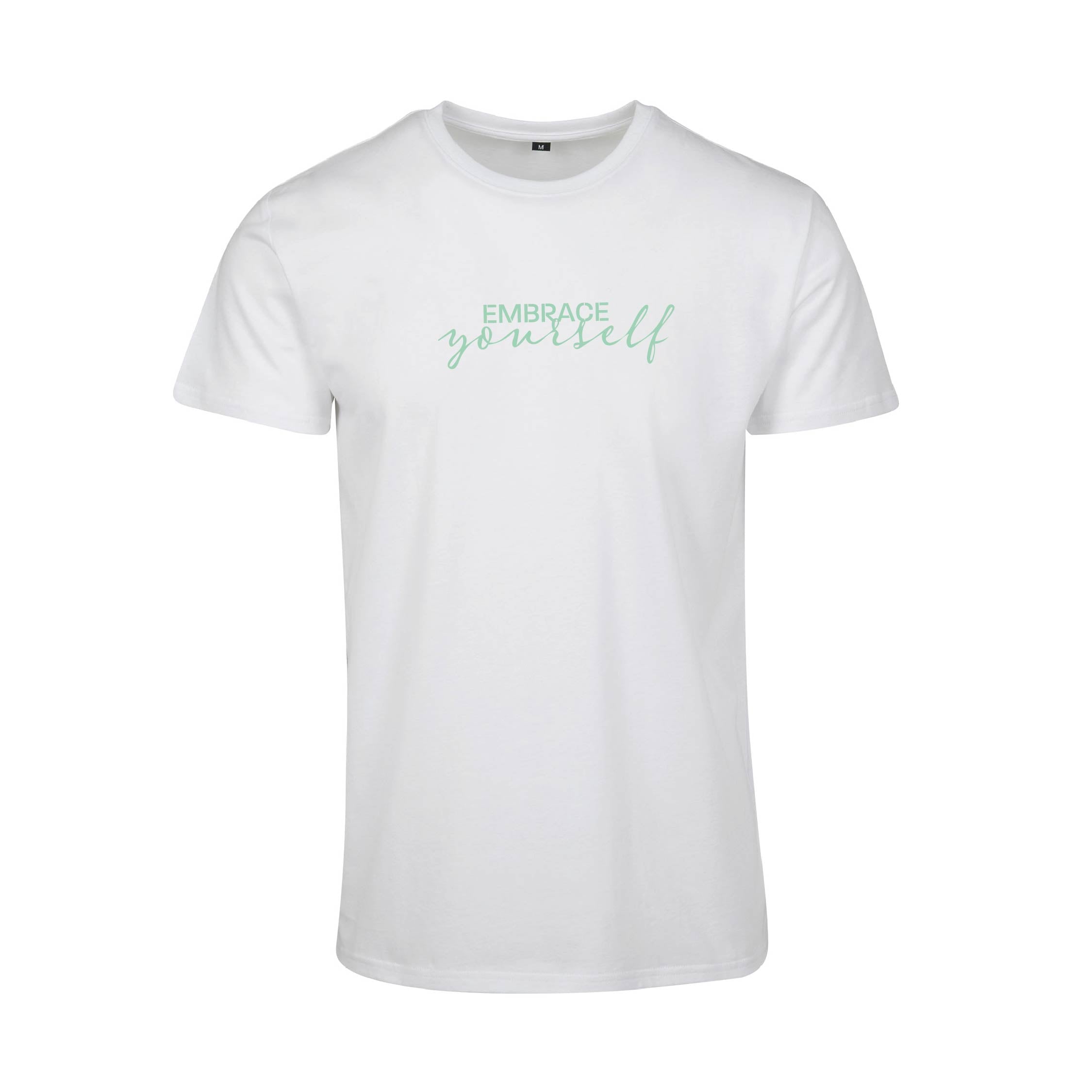 Weißes T-Shirt Embrace Yourself von Chaoss, Frontansicht mit Statement-Print