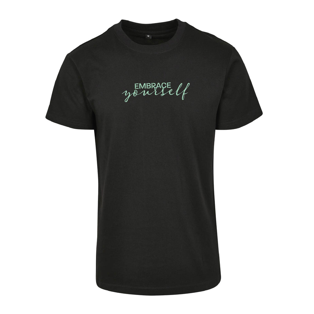 Schwarzes T-Shirt Embrace Yourself von Chaoss, Frontansicht mit Statement-Print