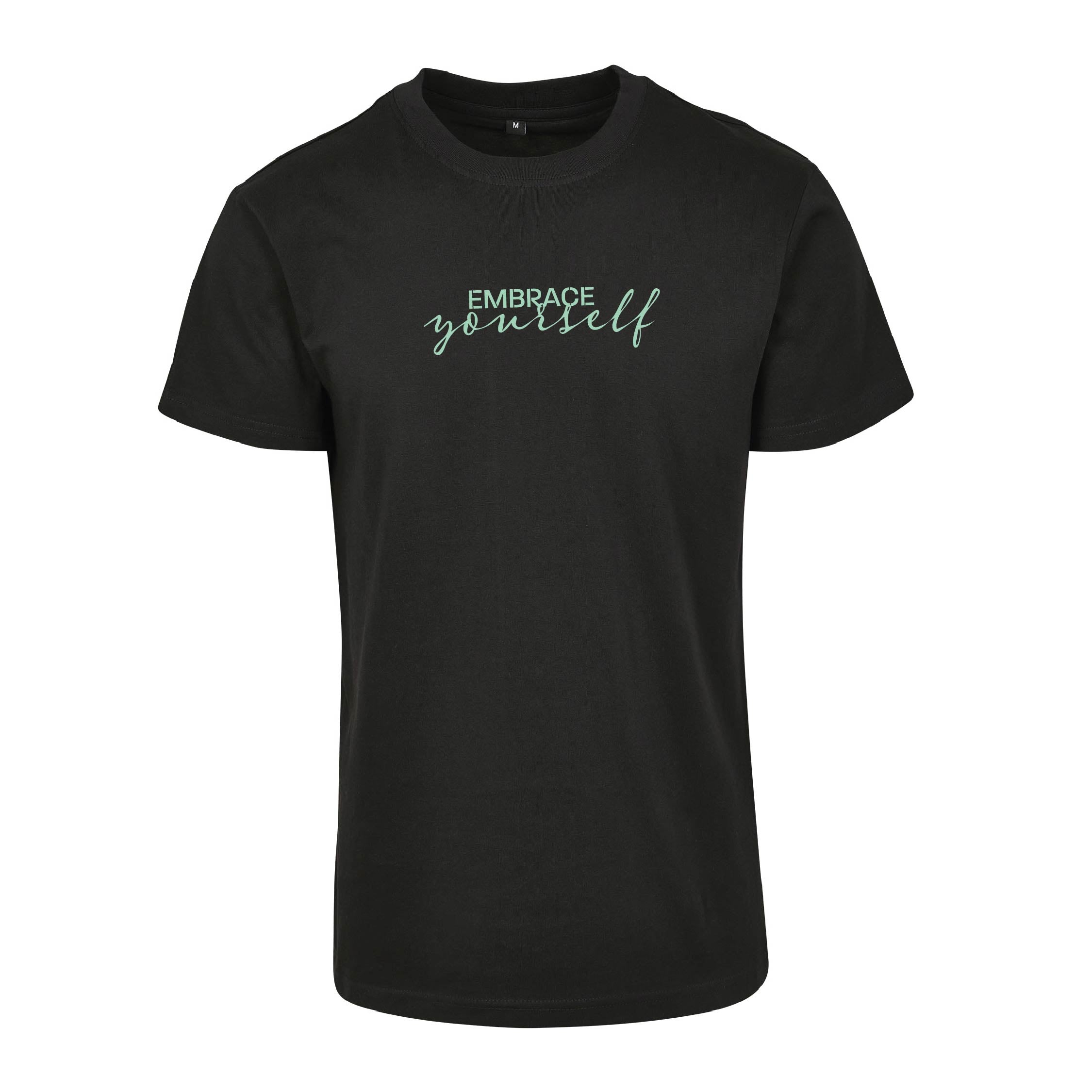 Schwarzes T-Shirt Embrace Yourself von Chaoss, Frontansicht mit Statement-Print