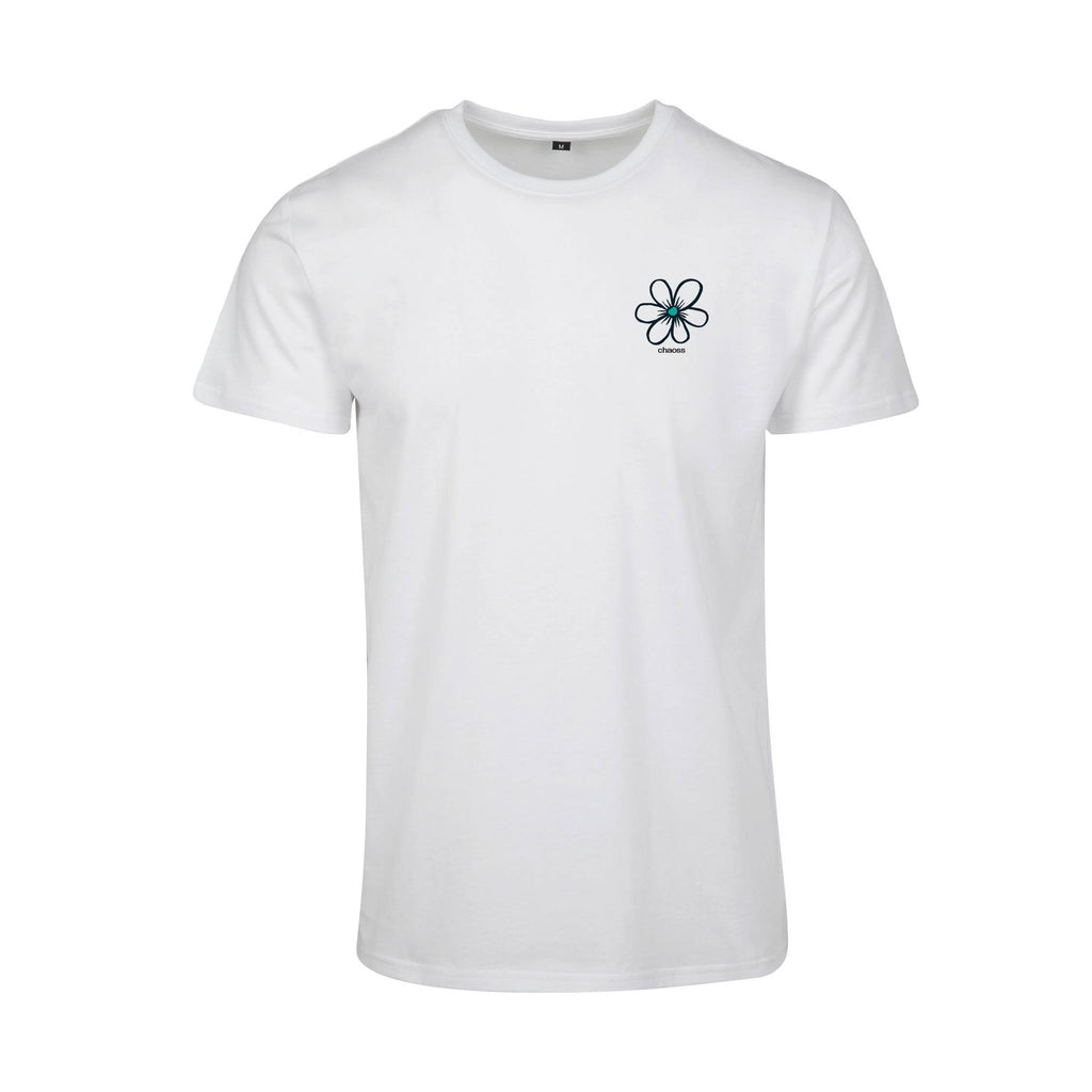 Weißes T-Shirt Happy Flower von Chaoss, Frontansicht mit kleinem Blumen-Print