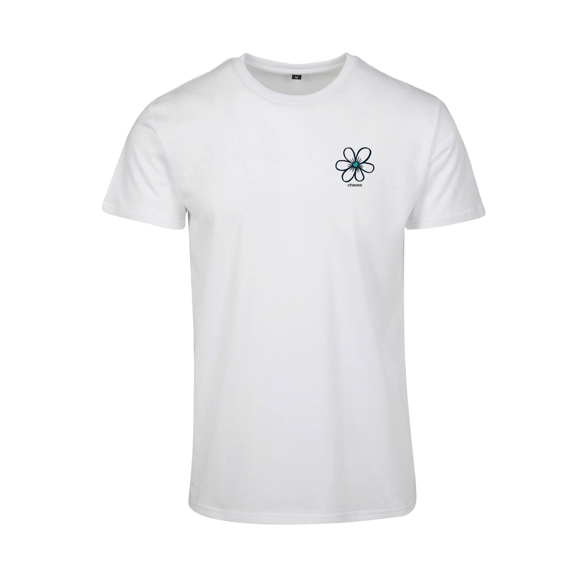 Weißes T-Shirt Happy Flower von Chaoss, Frontansicht mit kleinem Blumen-Print