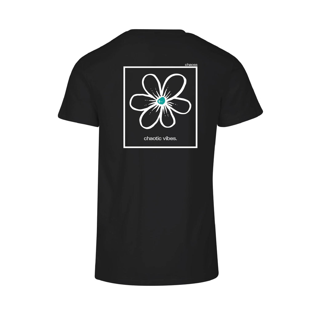 Schwarzes T-Shirt Happy Flower, Rückansicht mit großem Blumen-Print