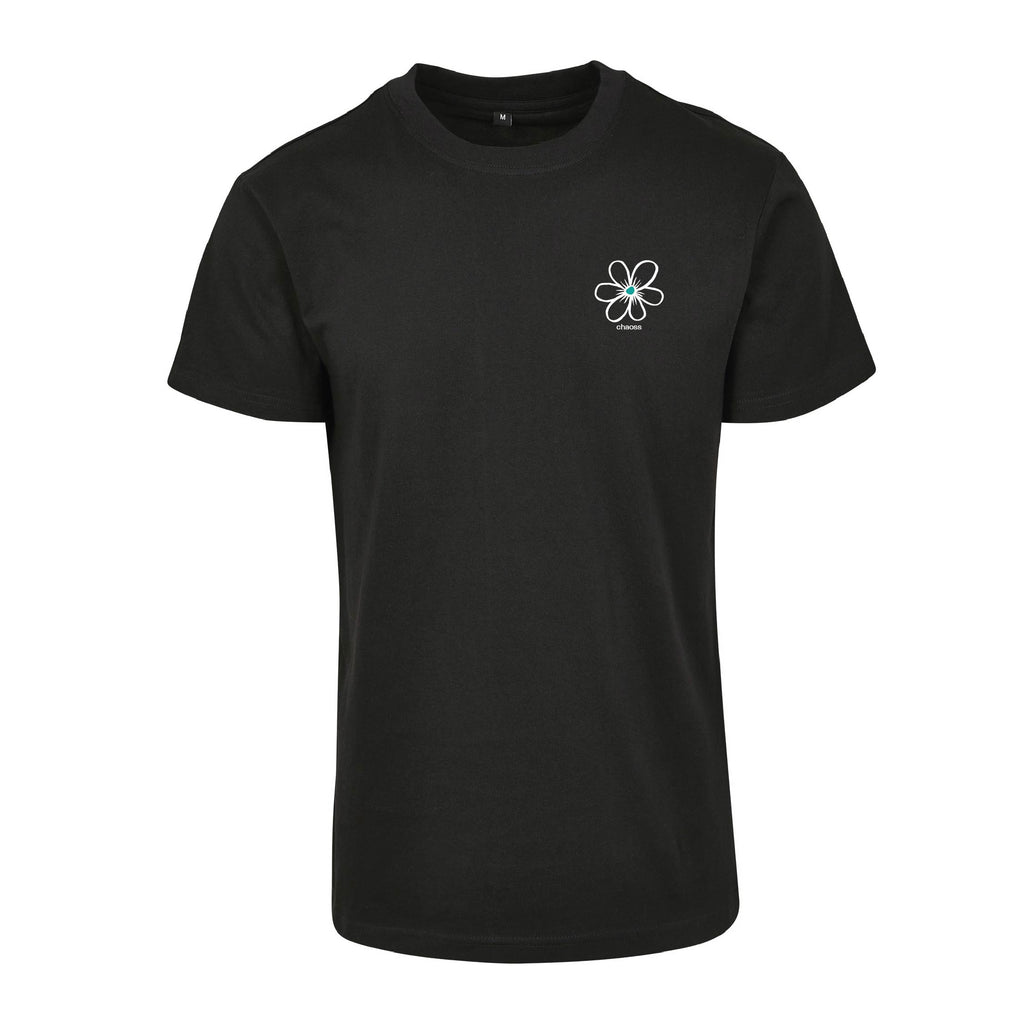 Schwarzes T-Shirt Happy Flower von Chaoss, Frontansicht mit kleinem Blumen-Print