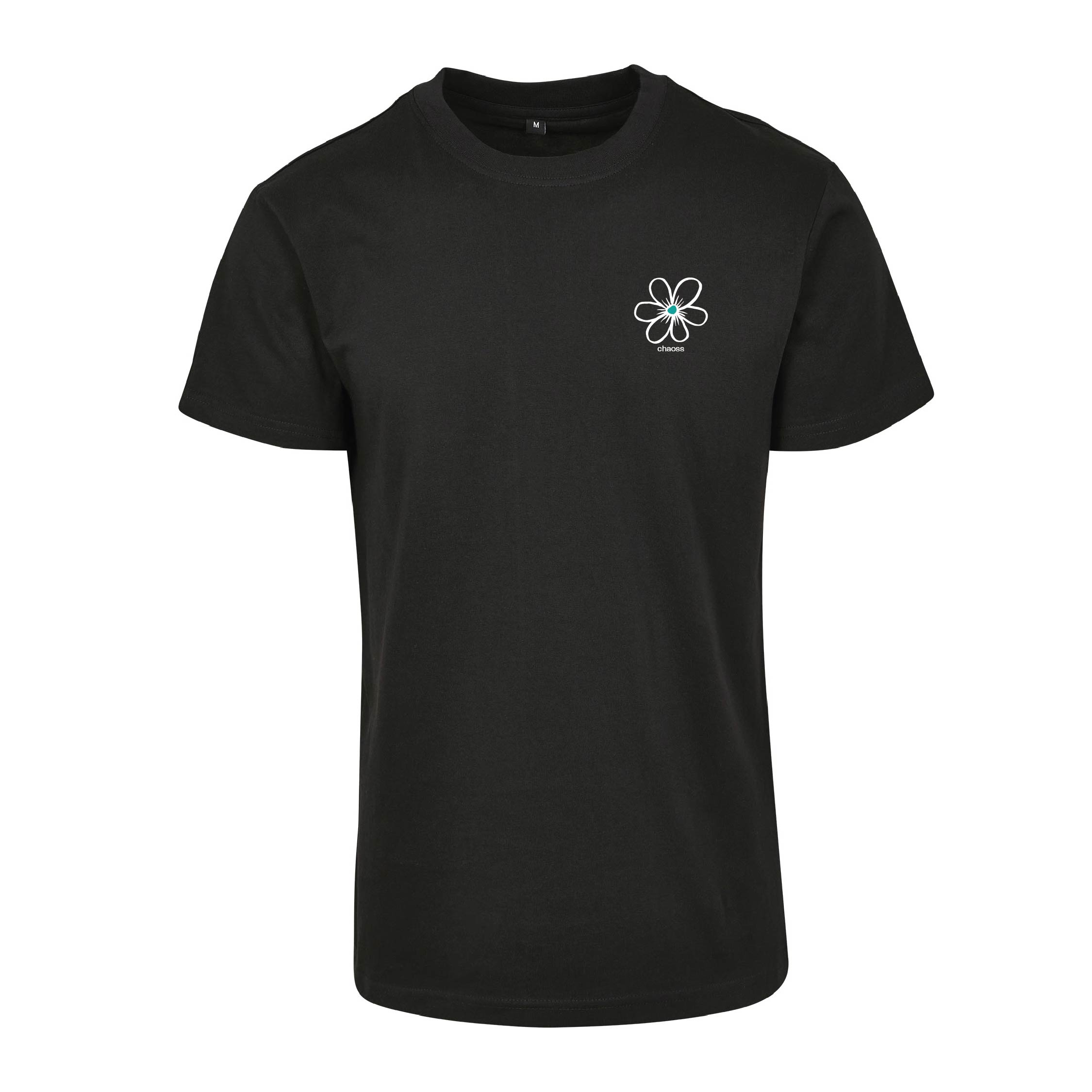 Schwarzes T-Shirt Happy Flower von Chaoss, Frontansicht mit kleinem Blumen-Print