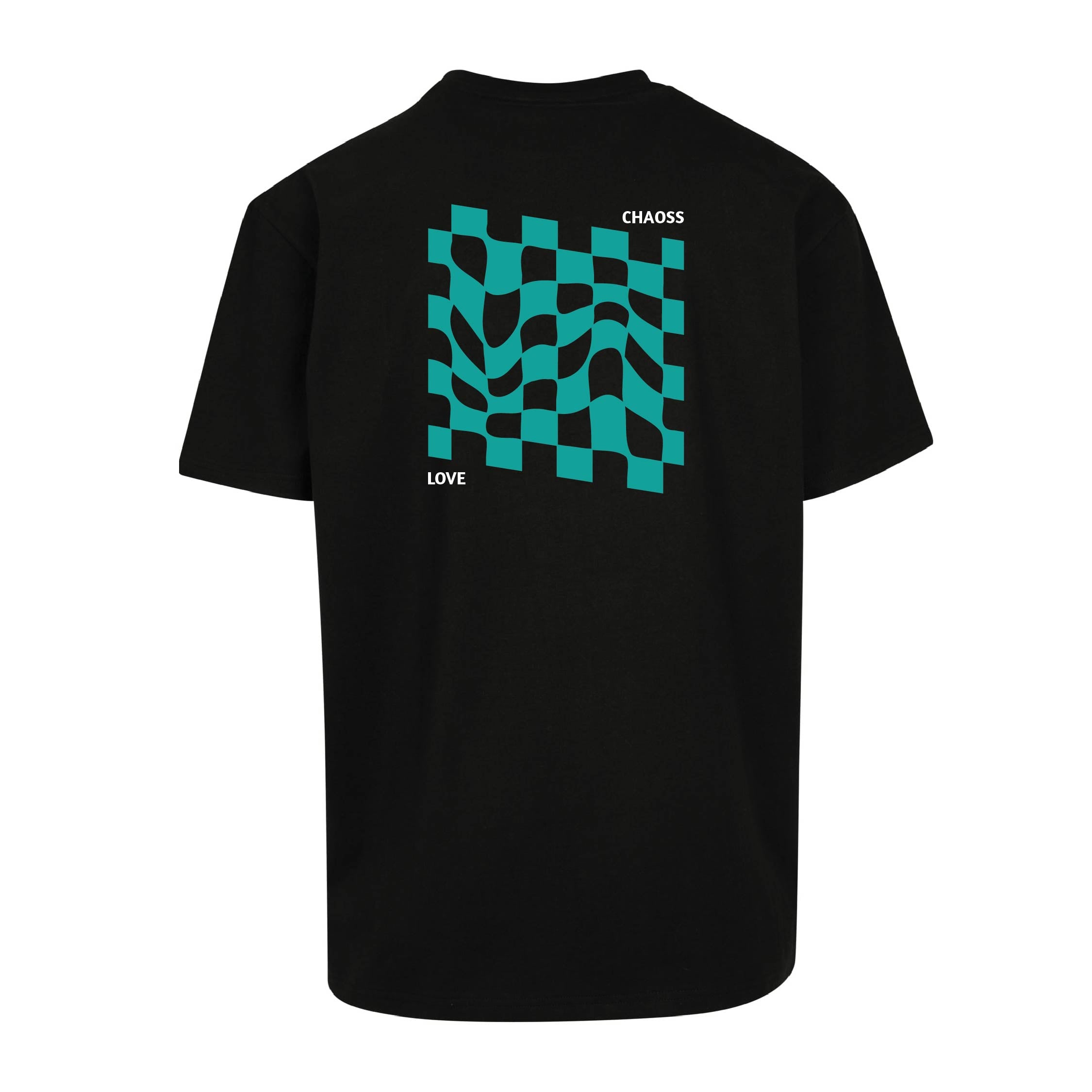 Schwarzes Chaoss T-Shirt mit großem Karo-Print auf der Rückseite