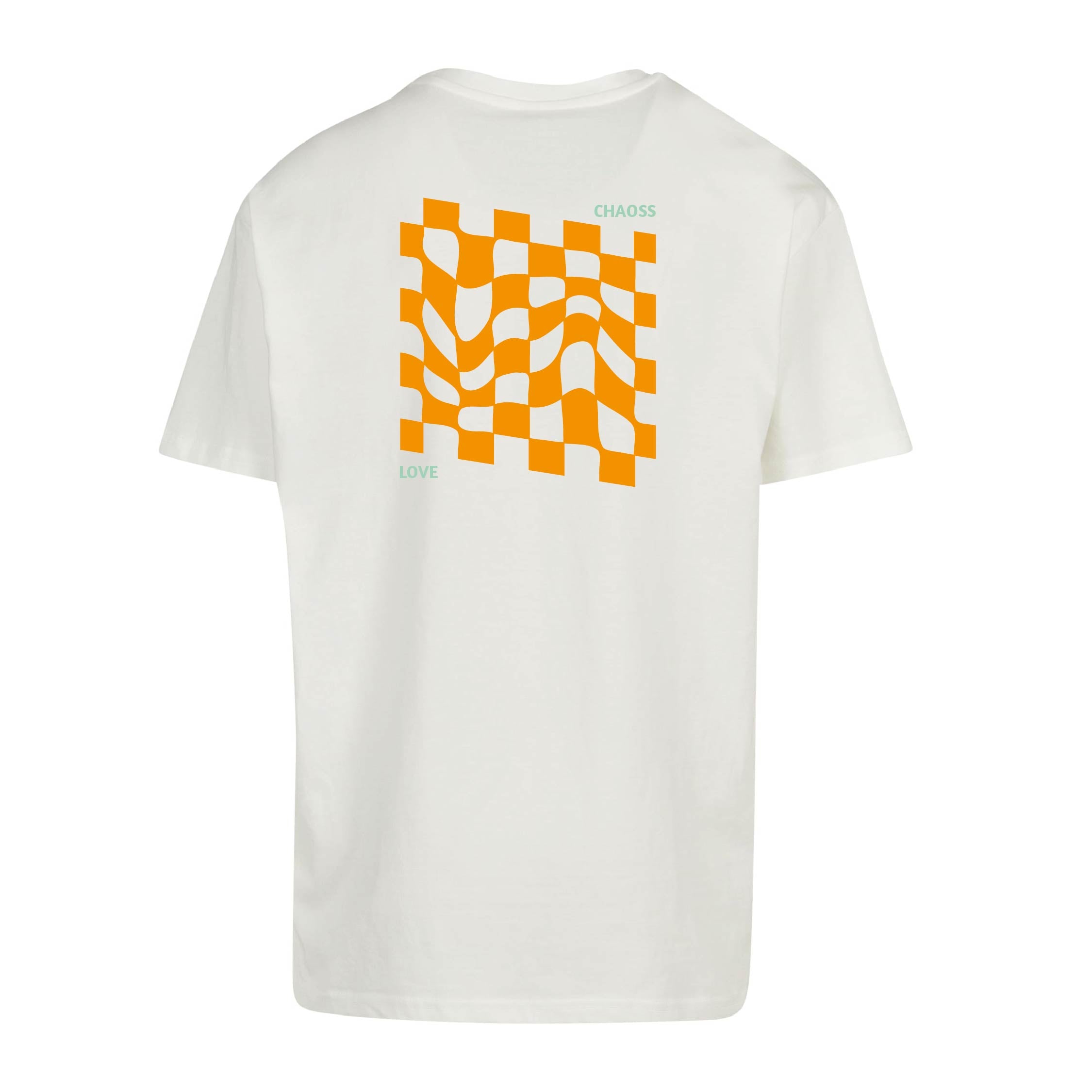 Schwarzes Chaoss T-Shirt mit großem Karo-Print auf der Rückseite