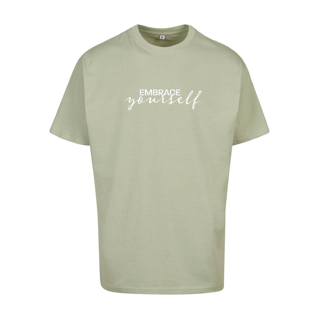 Olivefarbenes oversized T-Shirt Original Embrace Yourself von Chaoss, Frontansicht mit Statement-Print