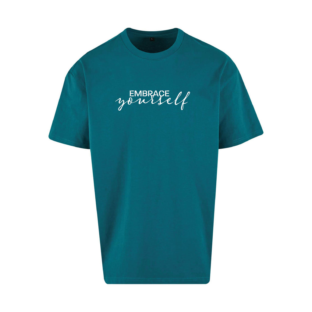 Petrolfarbenes oversized T-Shirt Original Embrace Yourself von Chaoss, Frontansicht mit Statement-Print