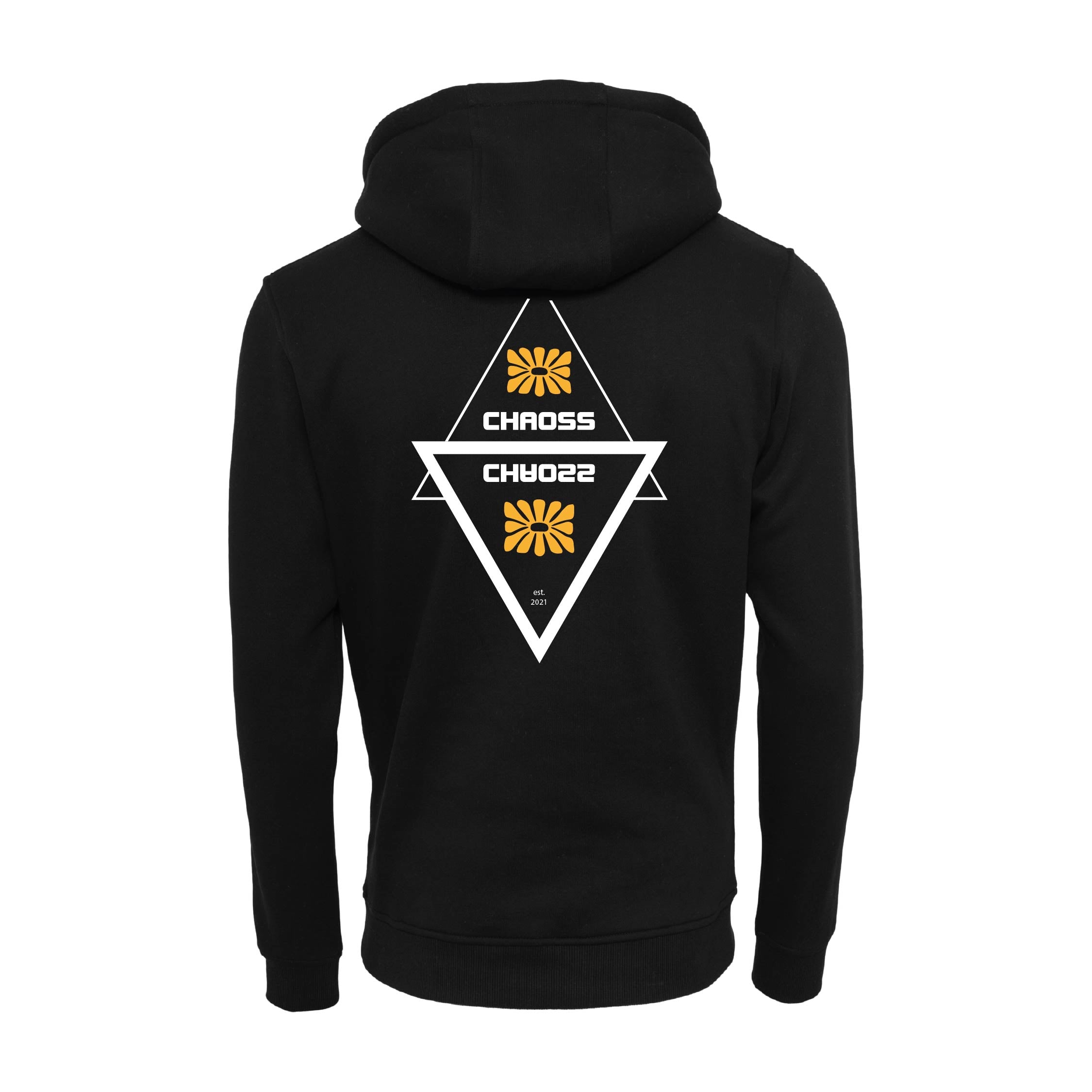 Schwarzer Hoodie Original Flower, Rückansicht mit großem geometrischen Blumen-Print