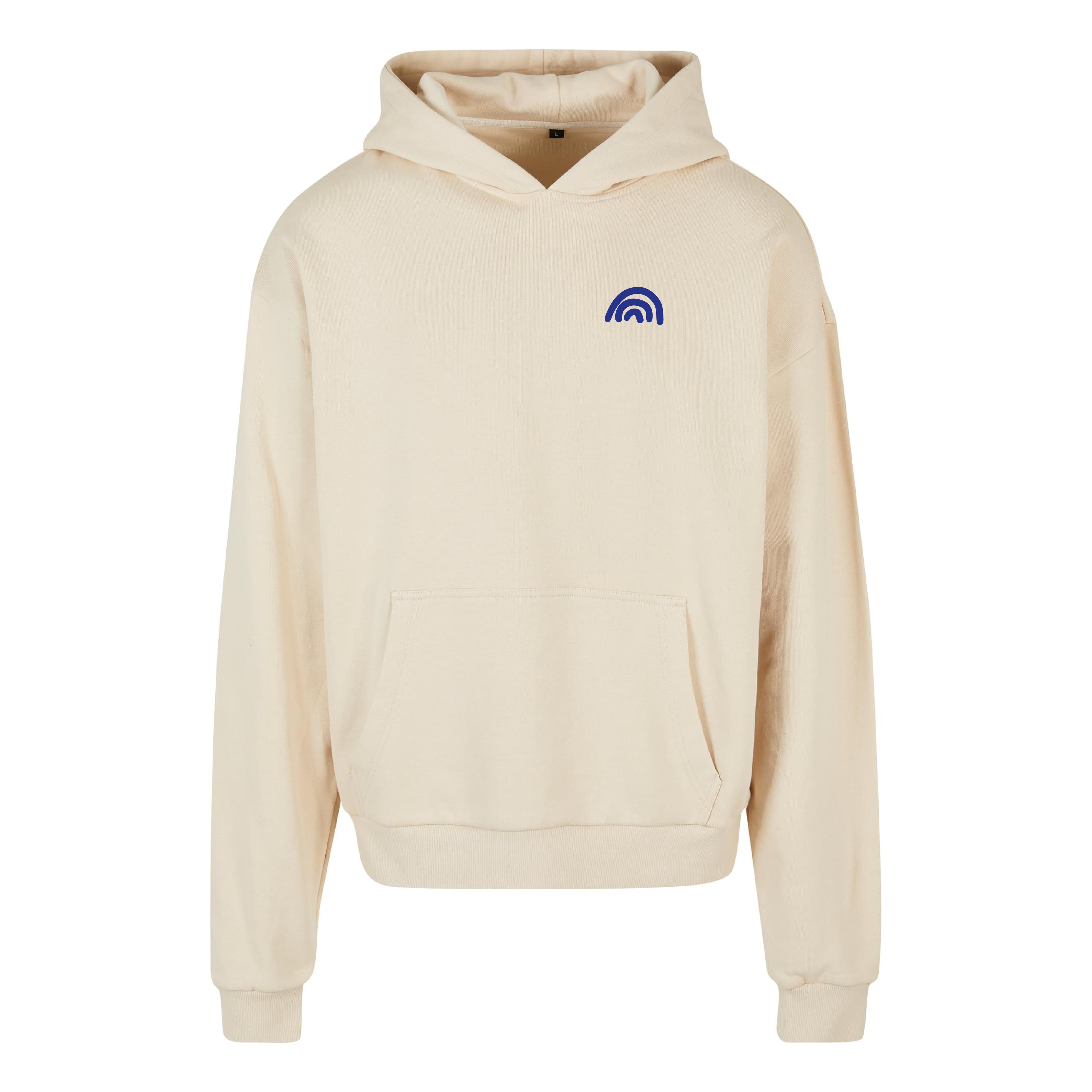 Sandfarbener oversized Hoodie Nothing to Hide, Frontansicht mit kleinem Regenbogen-Motiv