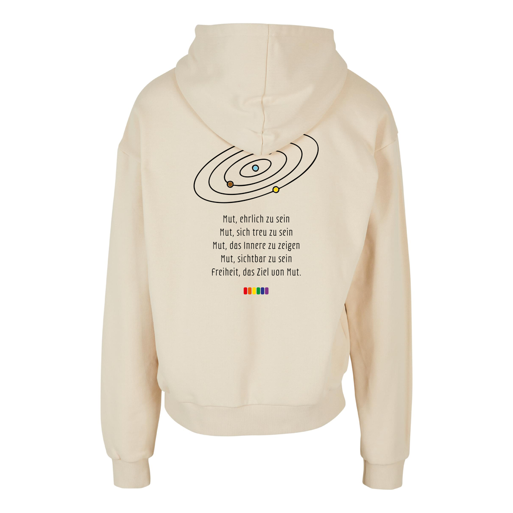 Sandfarbener oversized Hoodie Mut, ehrlich zu seins, Rückansicht mit großem Backprint