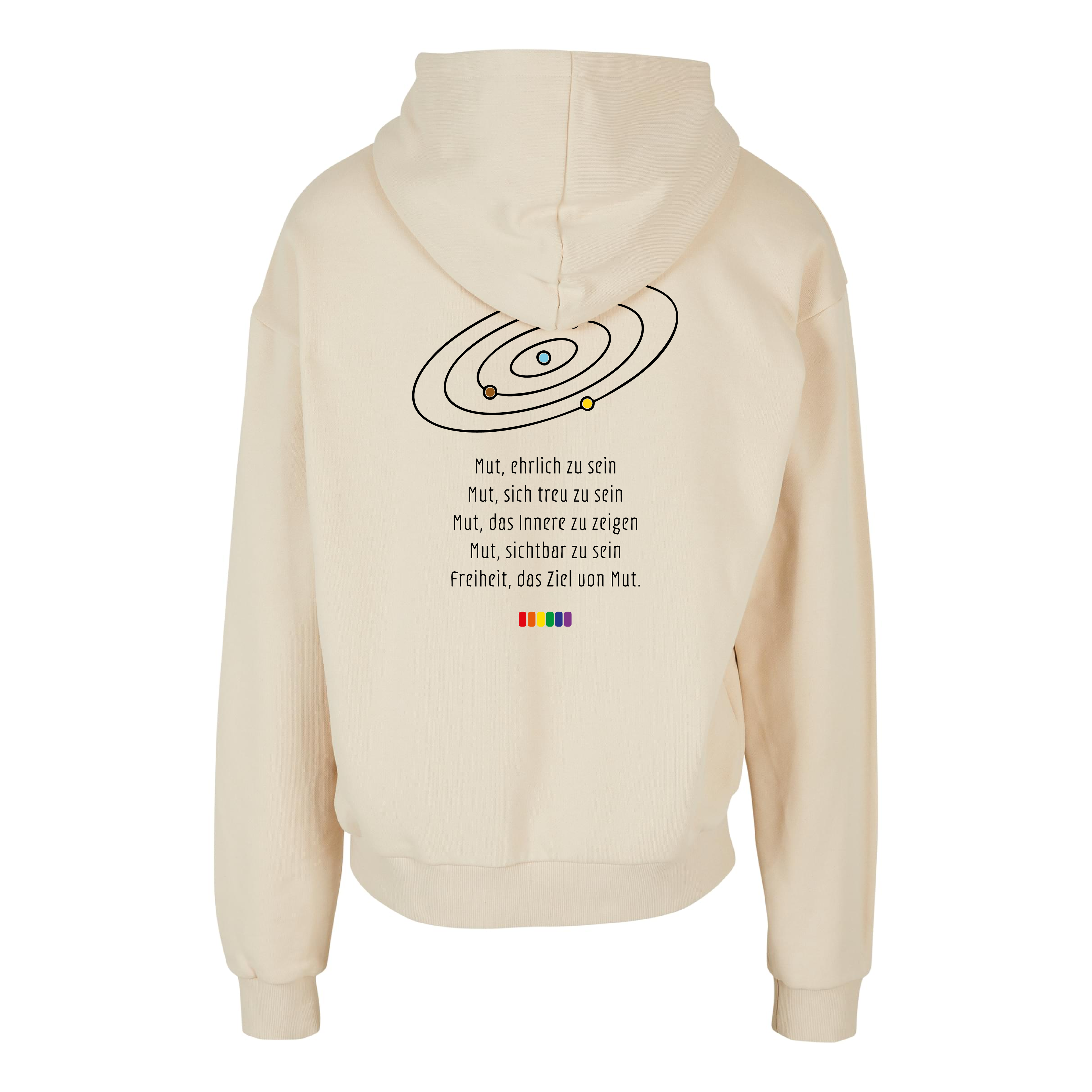 Sandfarbener oversized Hoodie Mut, ehrlich zu seins, Rückansicht mit großem Backprint