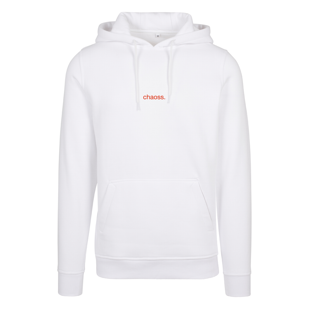 Weißer Hoodie Reach for the Stars von Chaoss, Frontansicht mit kleinem Chaoss Schriftzug
