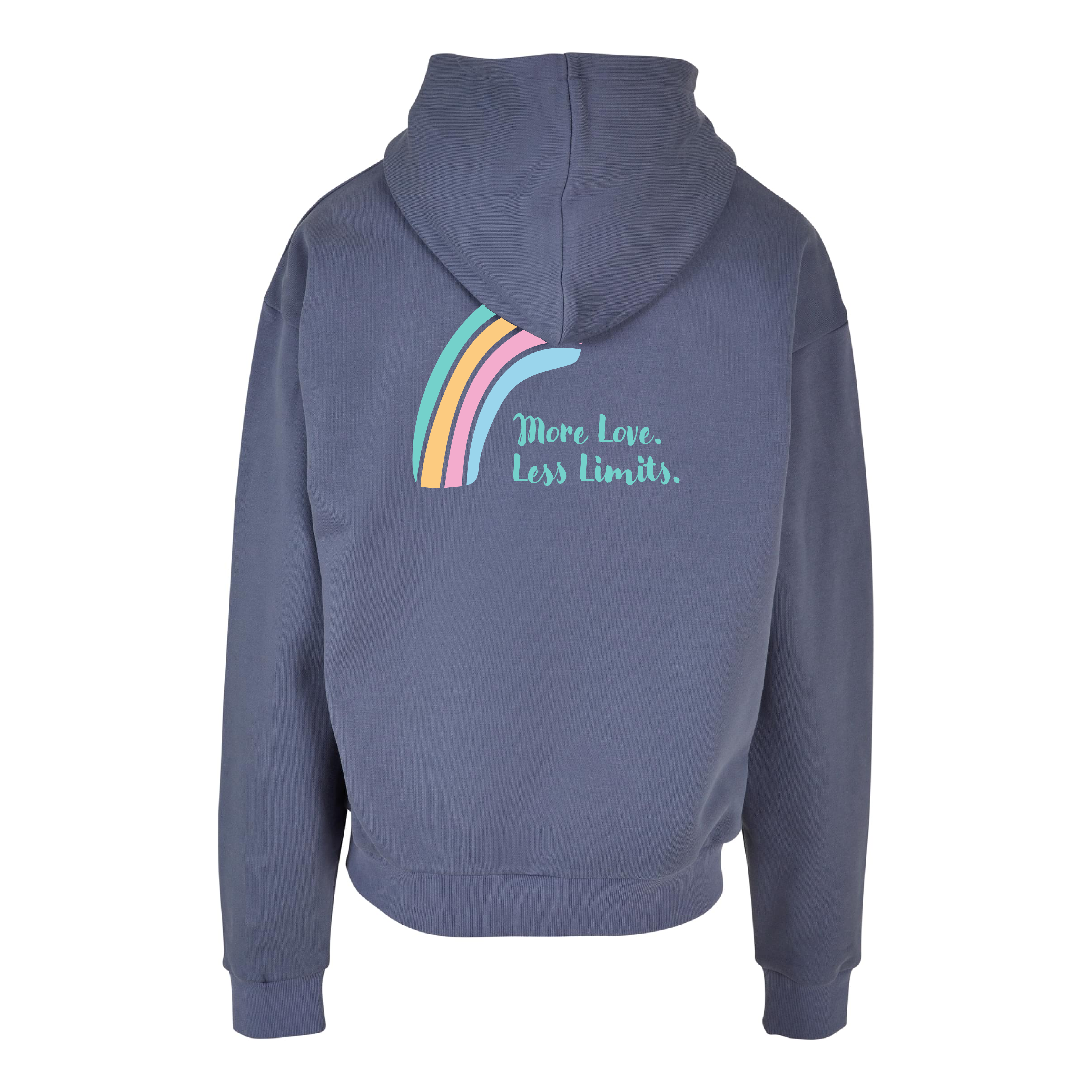 Hoodie More Love, Less Limits in vintage blue, Rückansicht mit großem Regenbogen-Print