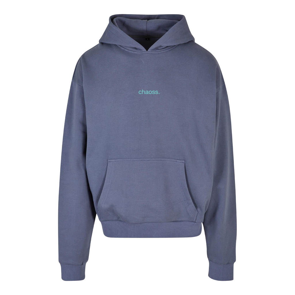 Hoodie More Love, Less Limits in vintage blue, Frontansicht mit kleinem Chaoss Schriftzug