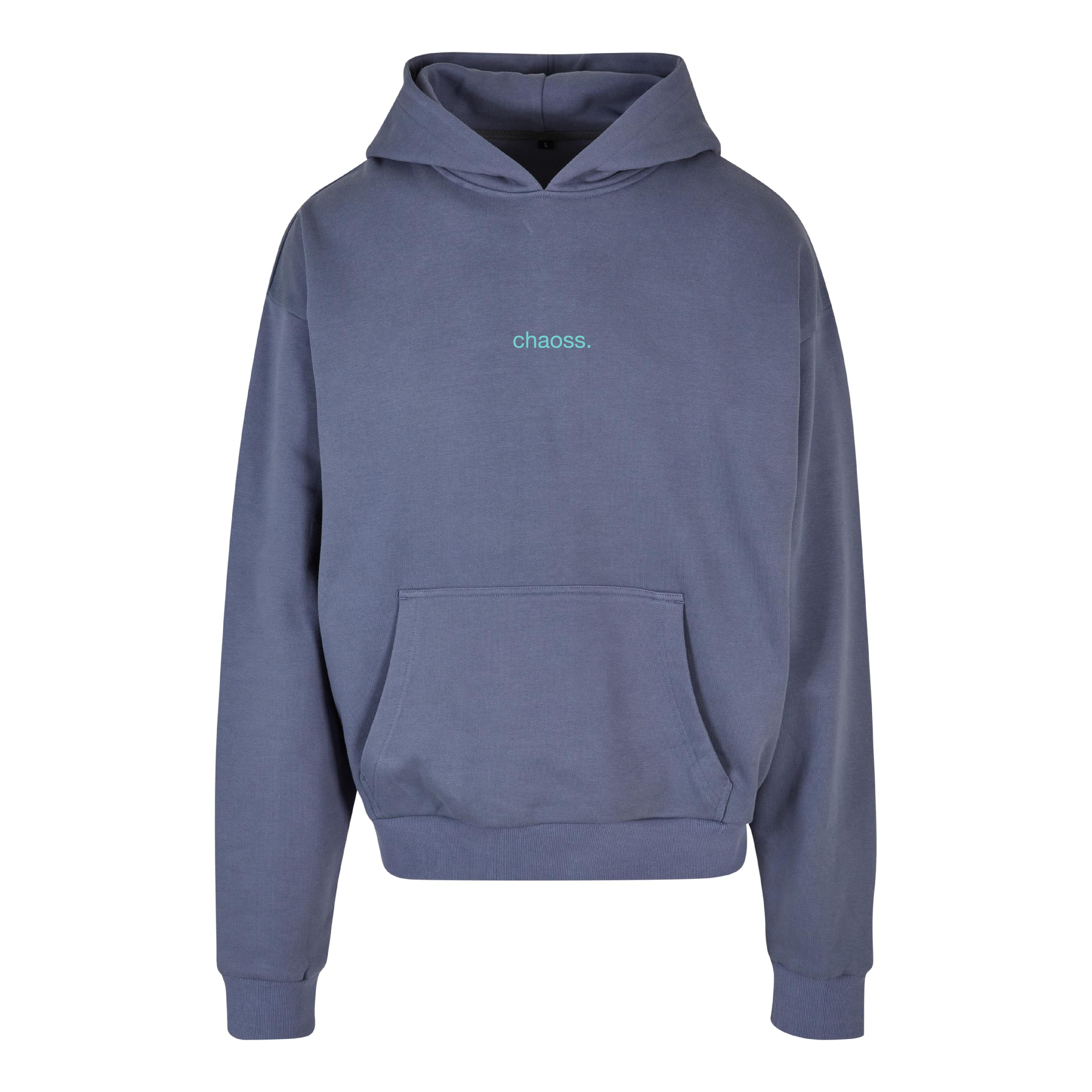 Hoodie More Love, Less Limits in vintage blue, Frontansicht mit kleinem Chaoss Schriftzug