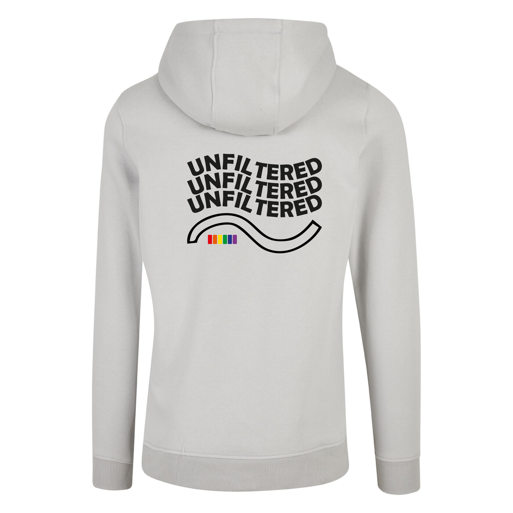 Hellgrauer Hoodie Unfiltered, mit Statement-Backprint, Rückansicht