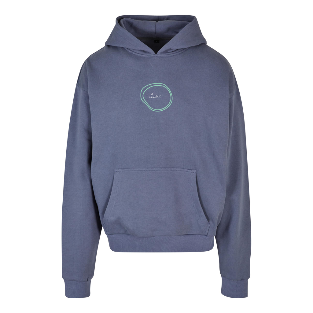Oversized Hoodie Feel Deeply, Live Loudly in vintage blue, Frontansicht mit Chaoss Schriftzug