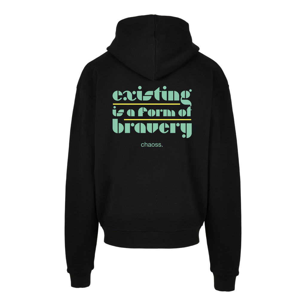 Schwarzer oversized Hoodie Existing is a form of bravery, Rückansicht mit großem Statement-Print