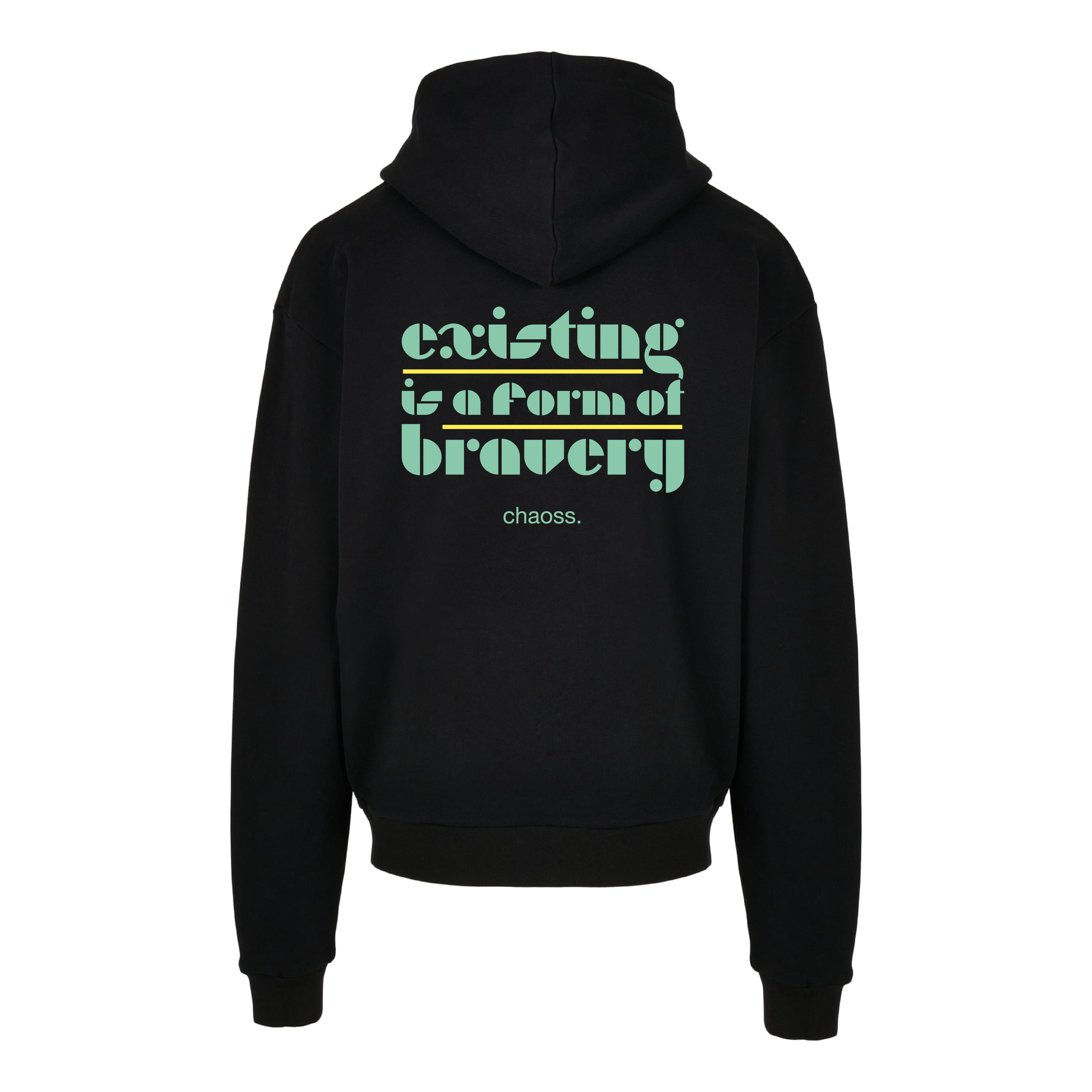 Schwarzer oversized Hoodie Existing is a form of bravery, Rückansicht mit großem Statement-Print