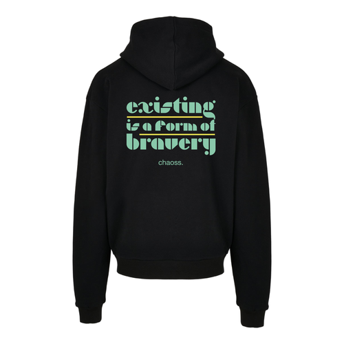 Schwarzer oversized Hoodie Existing is a form of bravery, Rückansicht mit großem Statement-Print
