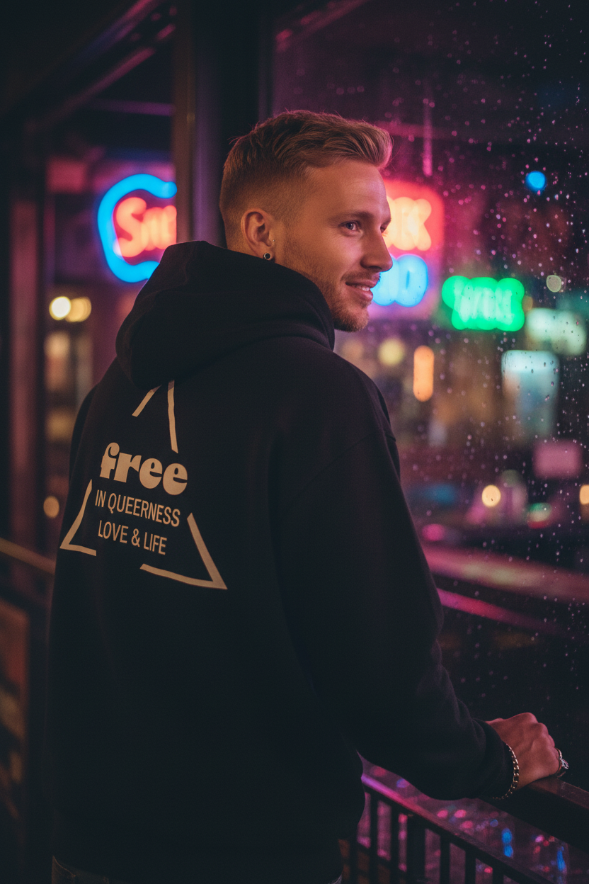 Ein Mann trägt den Hoodie „free" von Chaoss und ist von hinten zu sehen