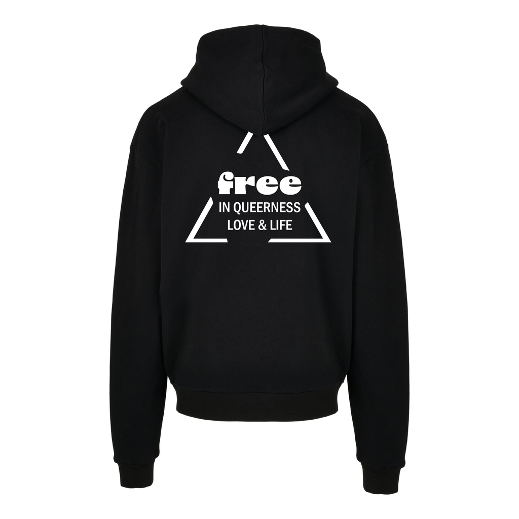 Schwarzer oversized Hoodie free, Rückansicht mit großem Dreieck-Print