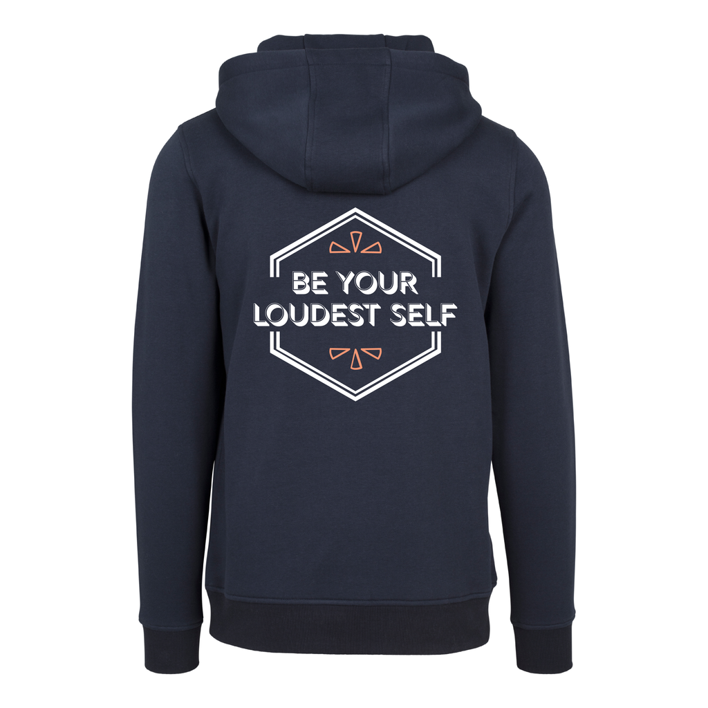 Dunkelblauer Hoodie Be your loudest self von Chaoss, Rückansicht mit Statement-Print