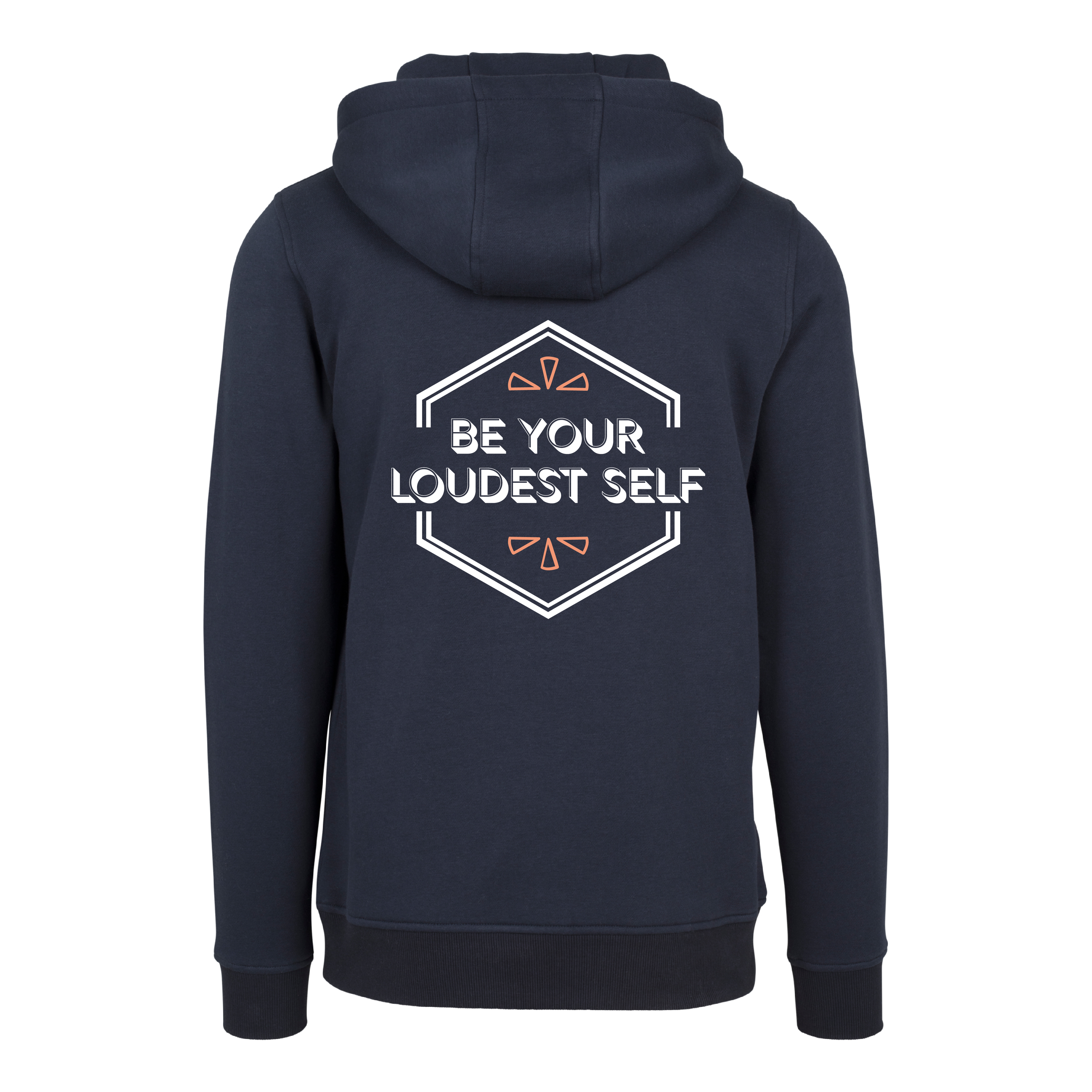 Dunkelblauer Hoodie Be your loudest self von Chaoss, Rückansicht mit Statement-Print