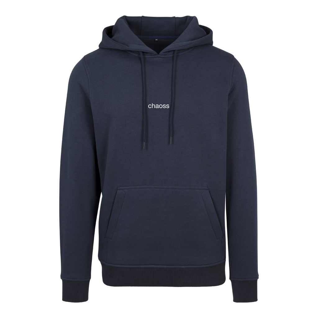 Dunkelblauer Hoodie Be your loudest self, Frontansicht mit Chaoss Schriftzug