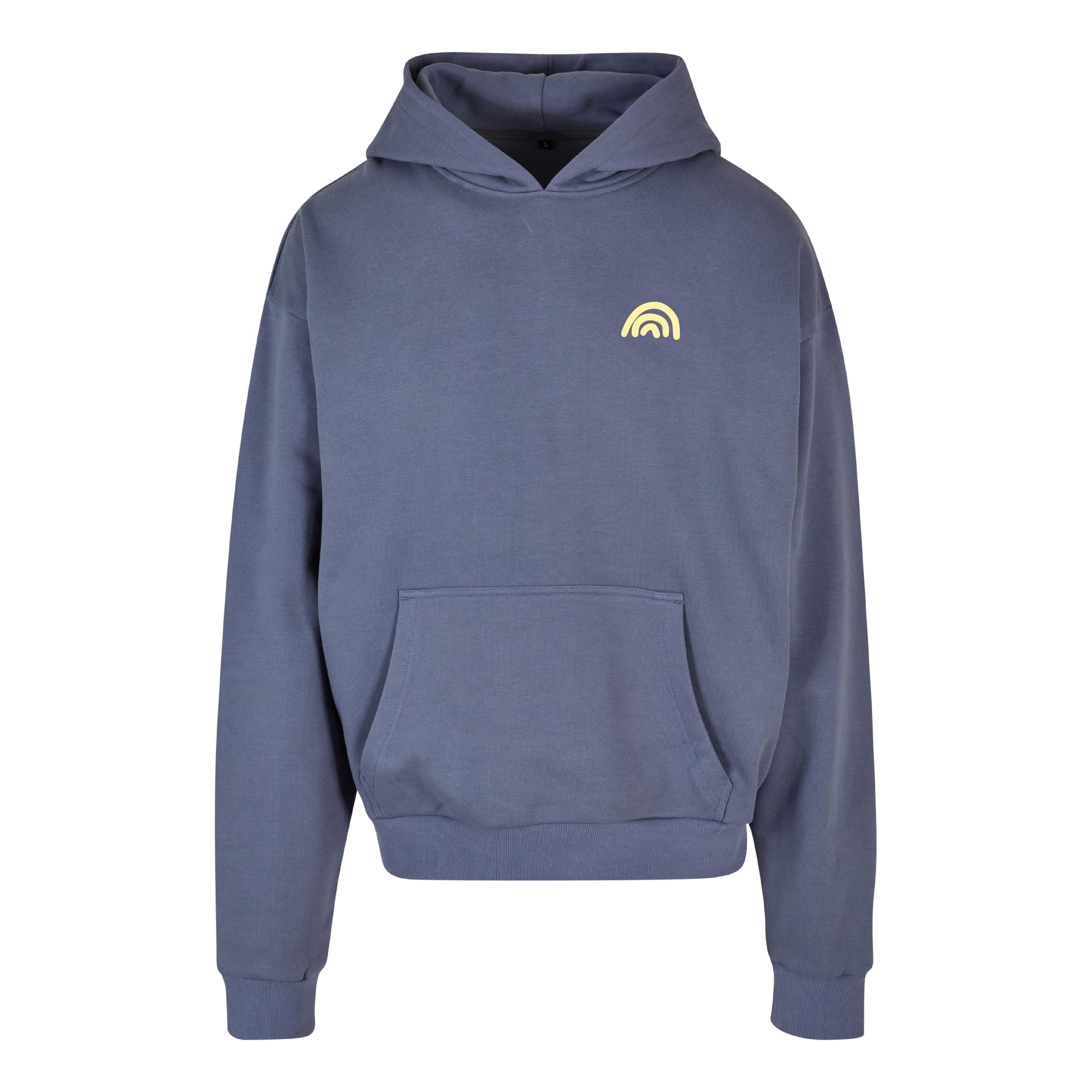 Oversized Hoodie Nothing to Hide in vintage blue, Frontansicht mit kleinem Regenbogen-Motiv