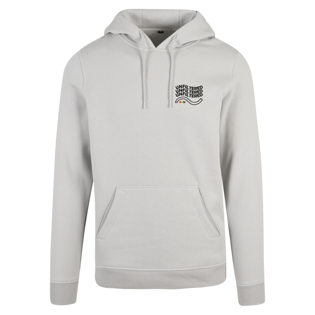 Hoodie unfiltered, Frontansicht mit kleinem Statement-Print auf der Brust