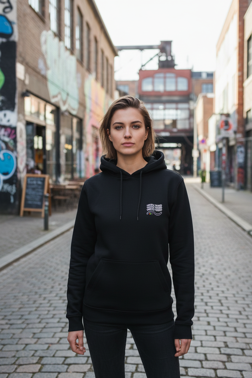 Eine Frau steht in urbaner Umgebung und trägt den Unfiltered Hoodie von Chaoss in schwarz