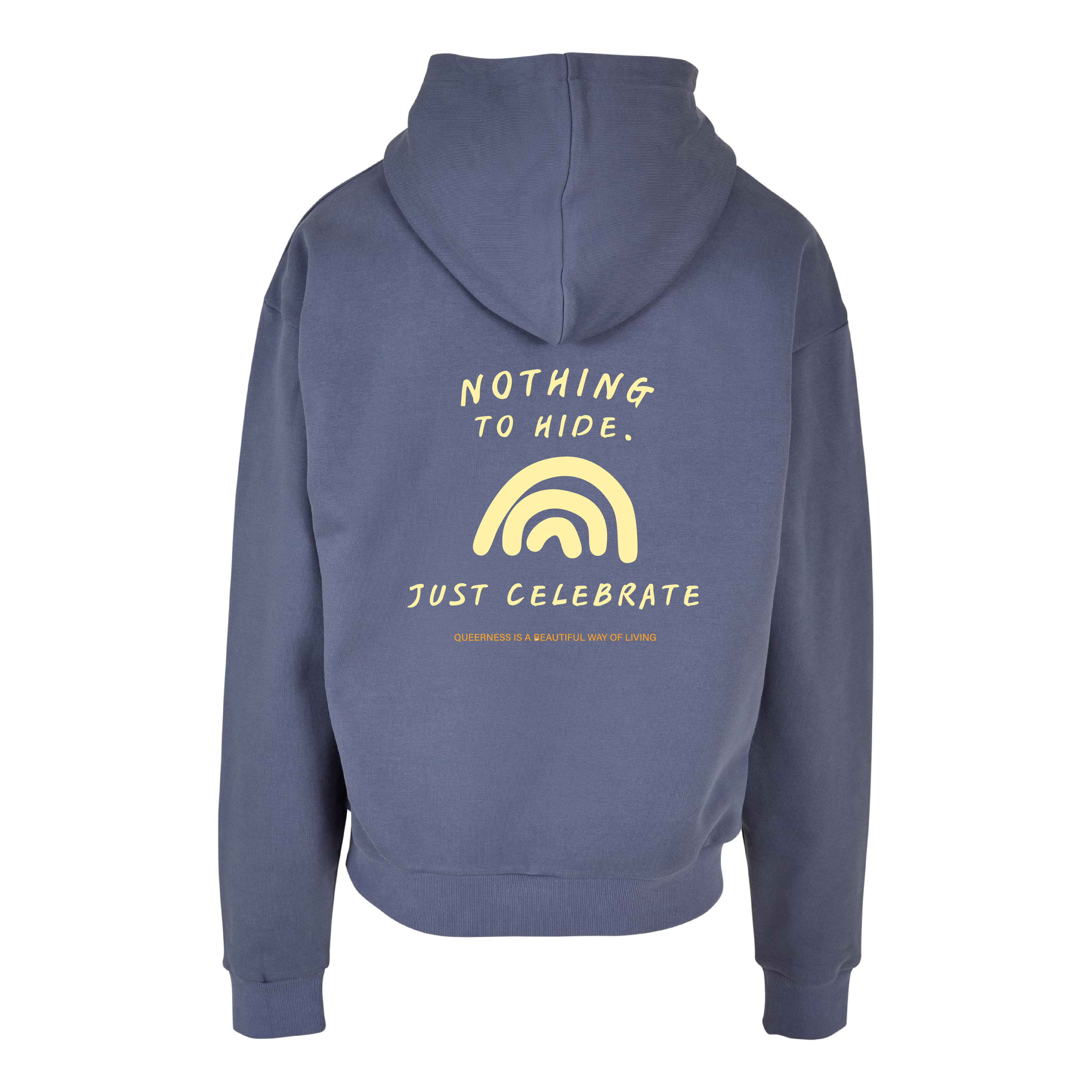 Oversized Hoodie Nothing to Hide in vintage blue, Rückansicht  mit großem Regenbogen-Motiv