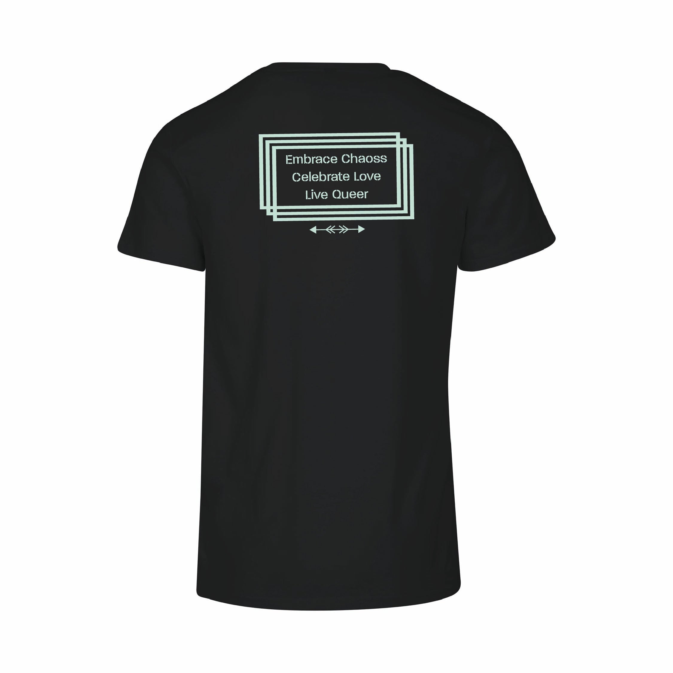 Schwarzes T-Shirt Call, Rückansicht mit großem Statement-Print